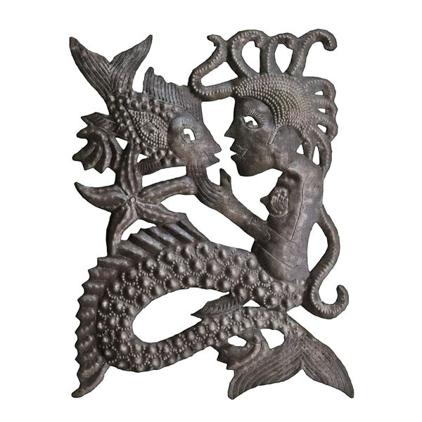 Dark metallic openwork mermaid figurine playing with fish, textured surface detail