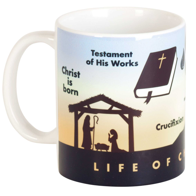Ceramic mug with Bible scene print, white handle, blue sky and dark bottom band