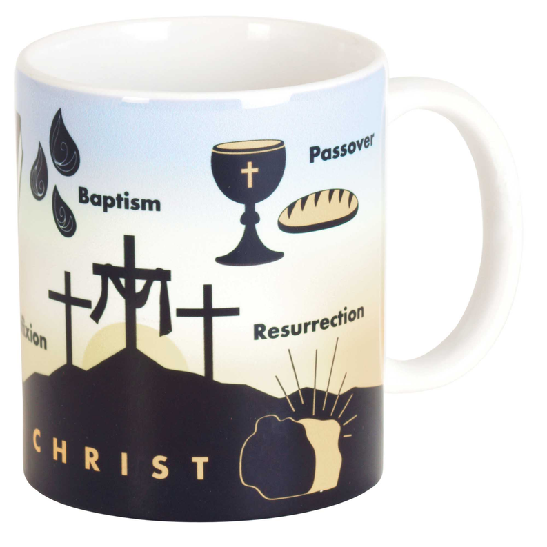 Ceramic mug with Baptism and Resurrection icons, white handle, dark bottom band
