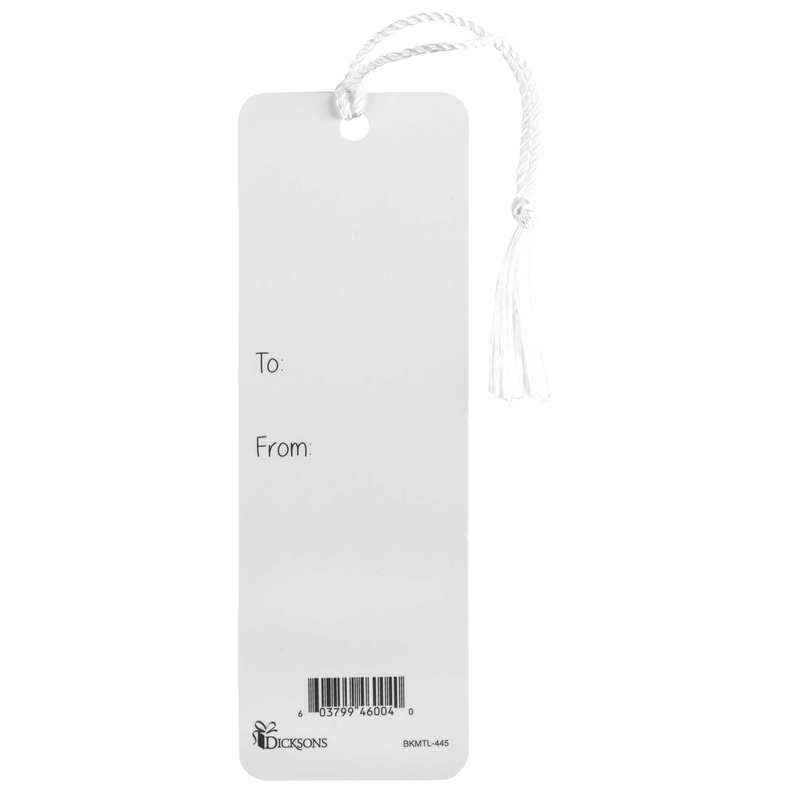 White paper bookmark with tassel, To/From fields, and barcode label