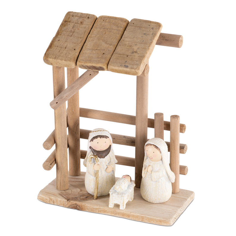 Wooden creche nativity set with stable, figurines, and small animal figure