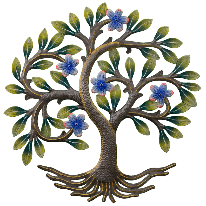 Painted spring tree wall art with green leaves and blue blossoms
