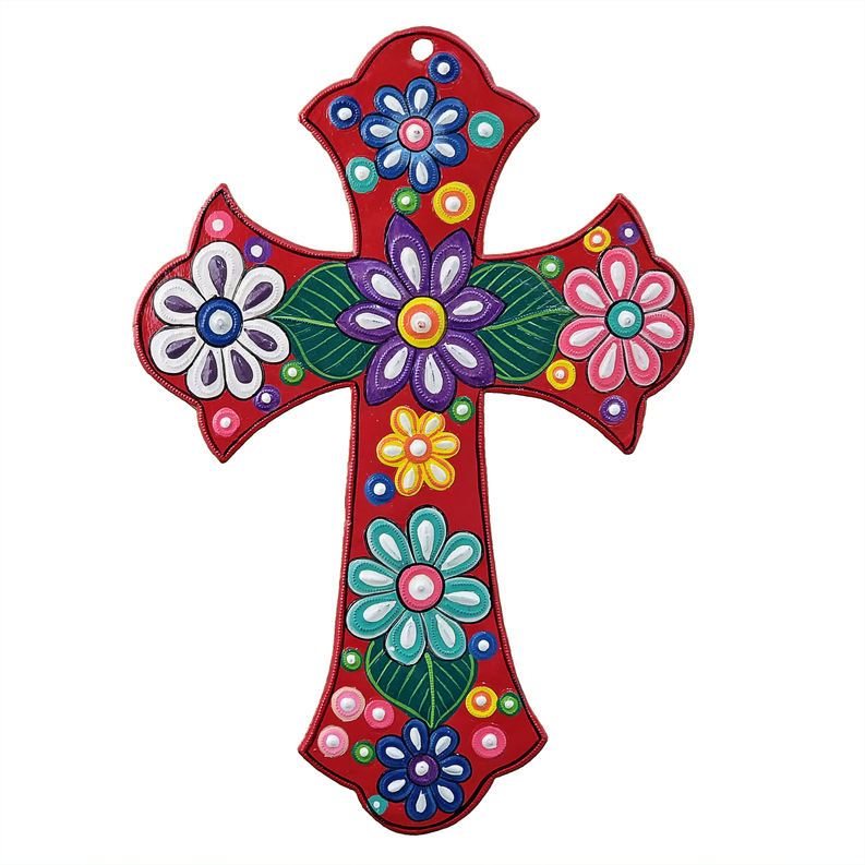 Red floral cross ornament with painted multicolor flowers and rounded edges
