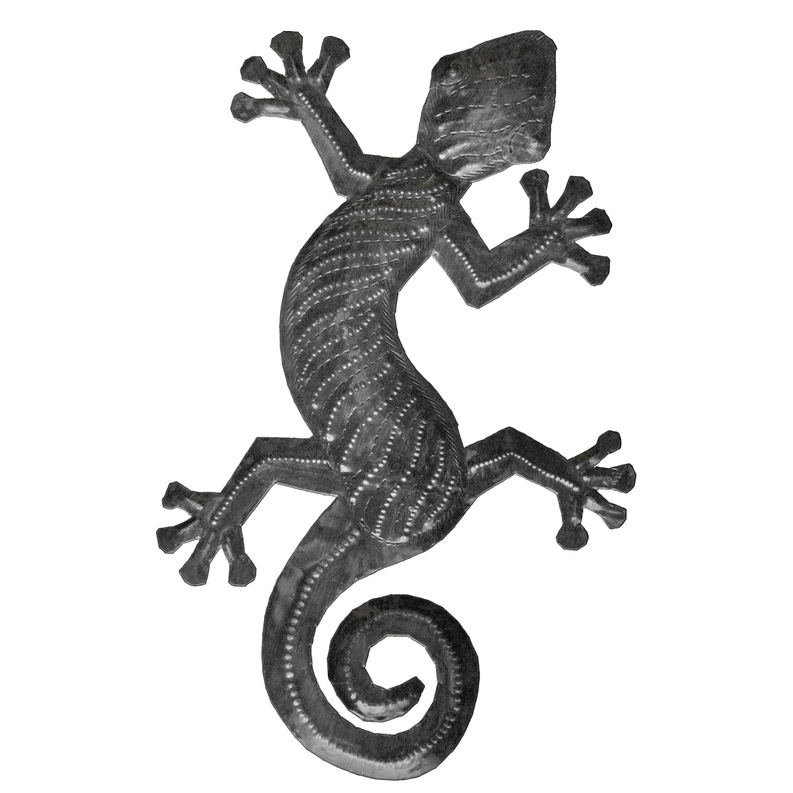 Dark steel striped gecko ornament with textured scales and curved tail, standing pose