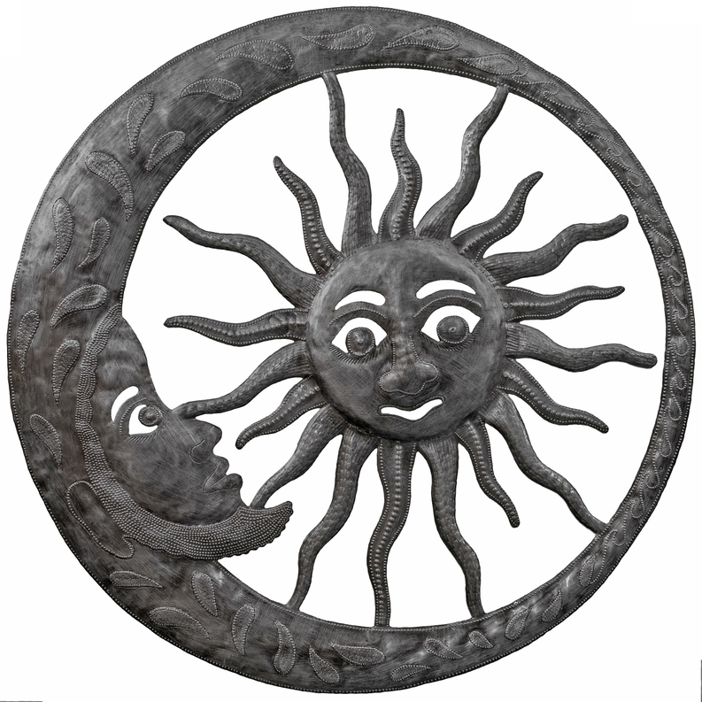 Eclipse circular sun face wall hanging, dark gray stitched edge