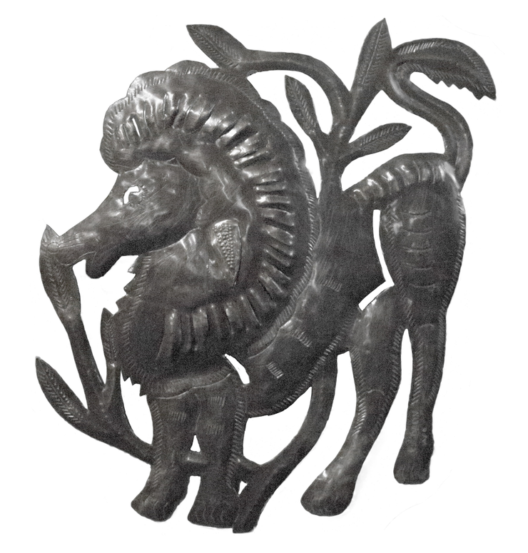 Recycled steel lion wall art, sculpted animal silhouette with raised texture