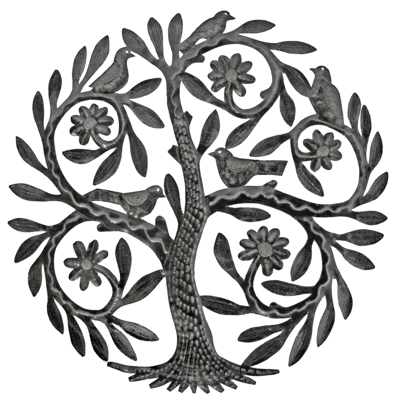 Dark metal flower tree wall decor with birds and swirling leaves