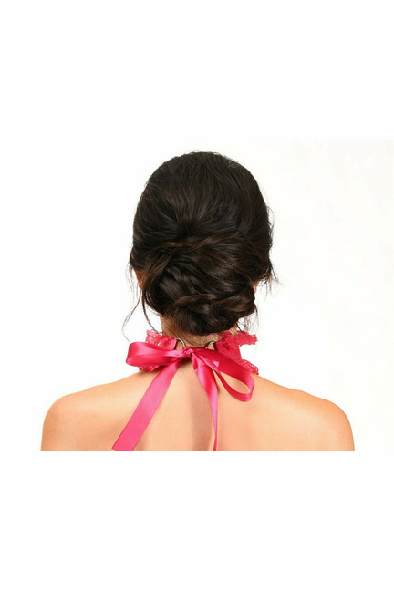 Pink ribbon-bow lace choker with ruffled back detail