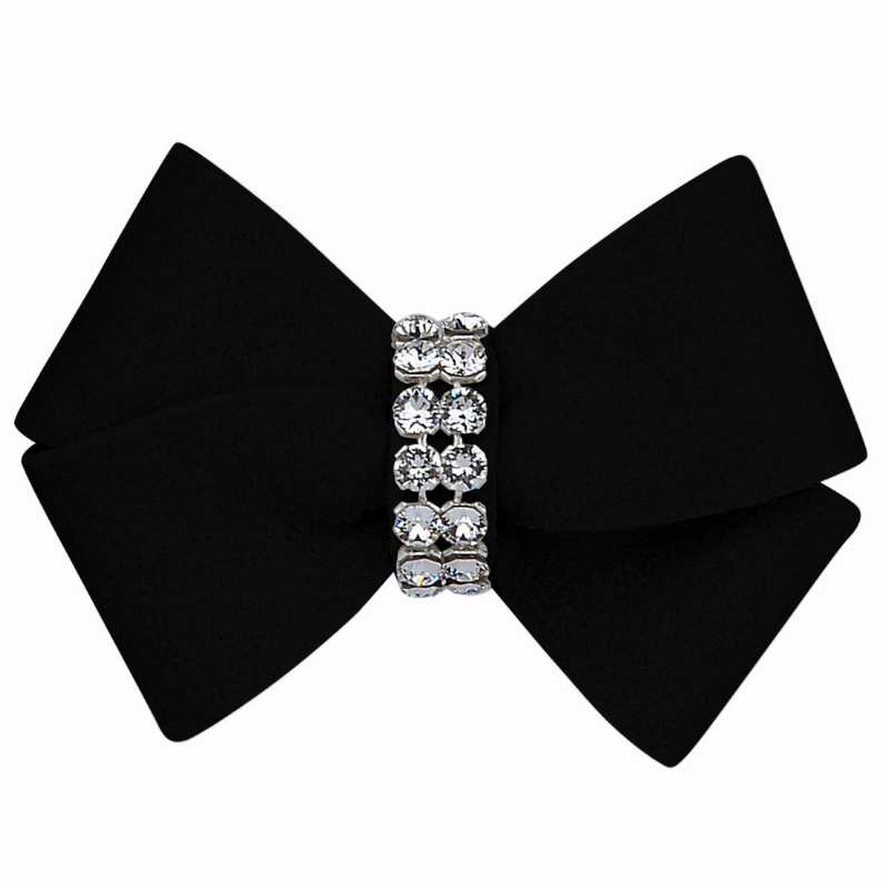 Black hair bow with rhinestone centerpiece and silver link details