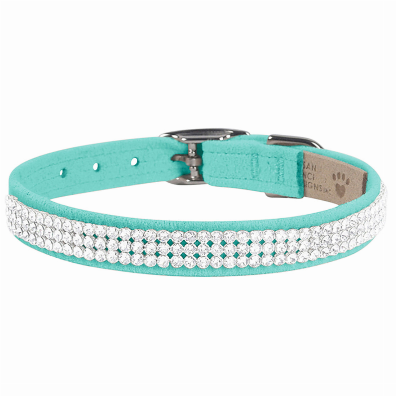 Turquoise dog collar with silver 3-row crystal trim and adjustable clasp