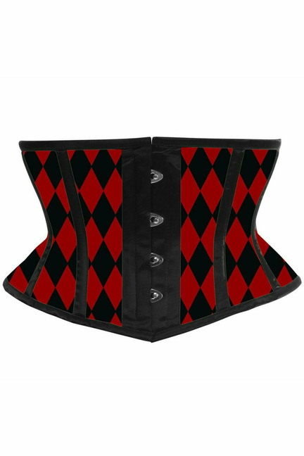 Waist cincher corset with black base, red argyle diamonds, front hook-and-eye panel