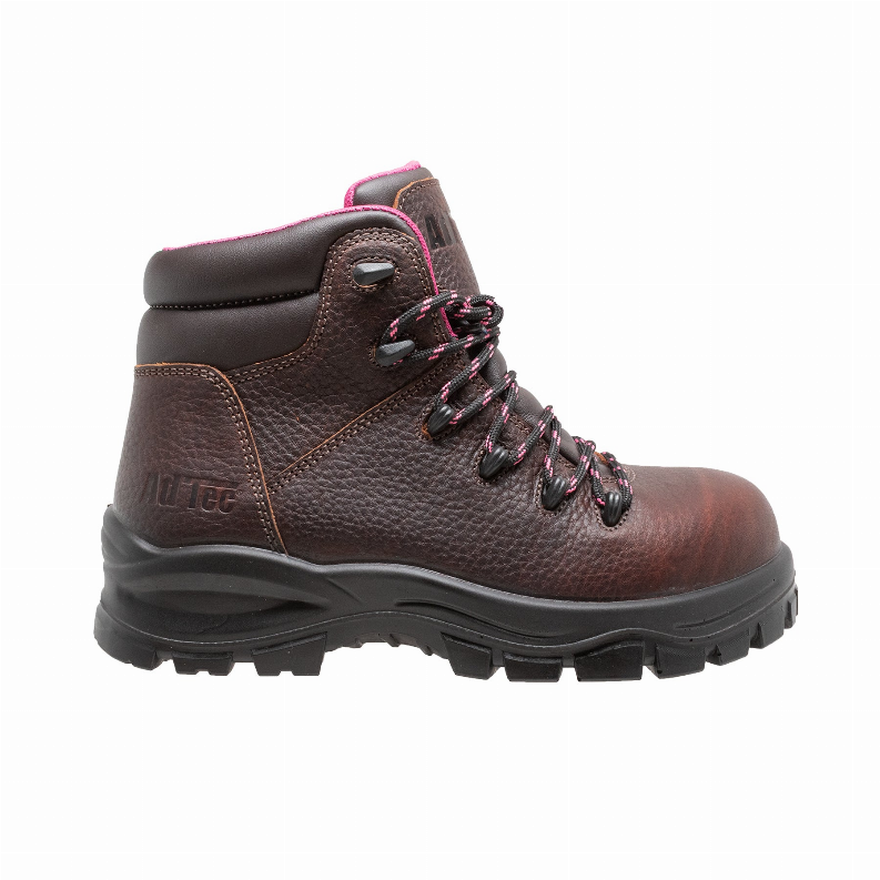 Brown lace-up work boot, pink-trim collar, padded ankle, black outsole