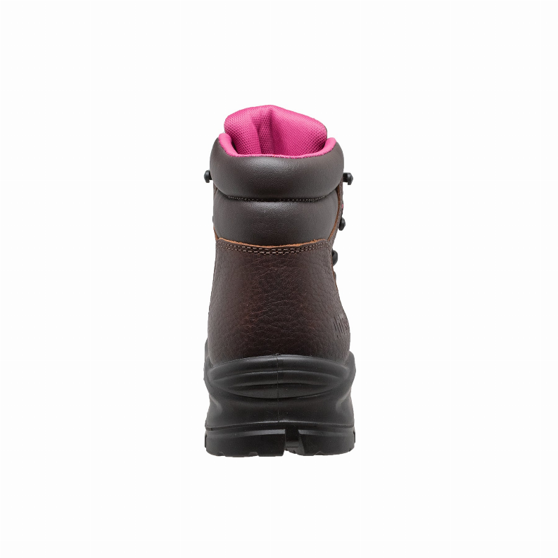 Brown work boot back view with pink collar lining and pull tab