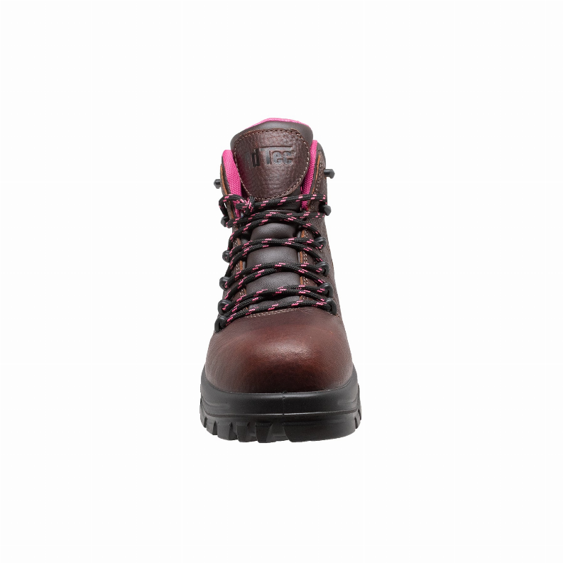 Brown lace-up work boot front view with pink-trim collar and cushioned tongue