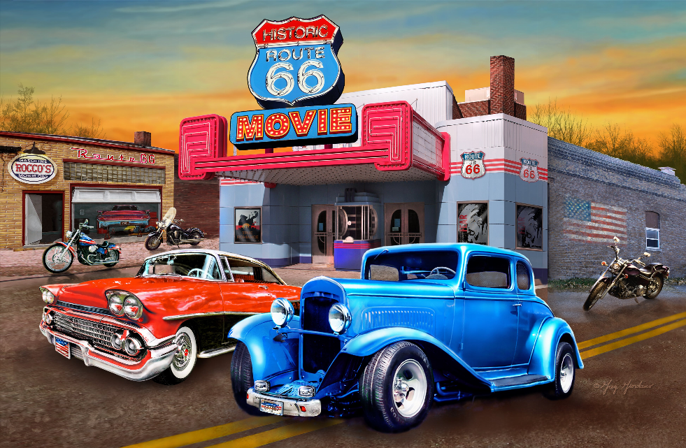 3D postcard of vintage cars in front of a neon movie theater, blue and red cars