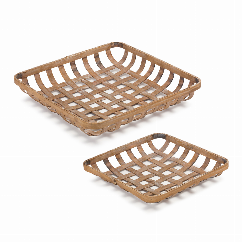 Set of 2 bamboo woven trays with raised edges and square grid design