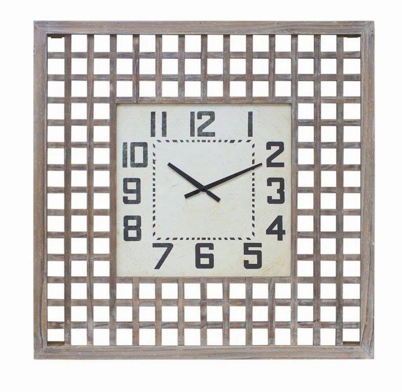 Square wall clock with weathered gray wood frame, large numerals and black hands