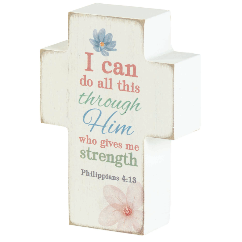 Tabletop cross plaque in light wood with colorful inspirational verse and flower.