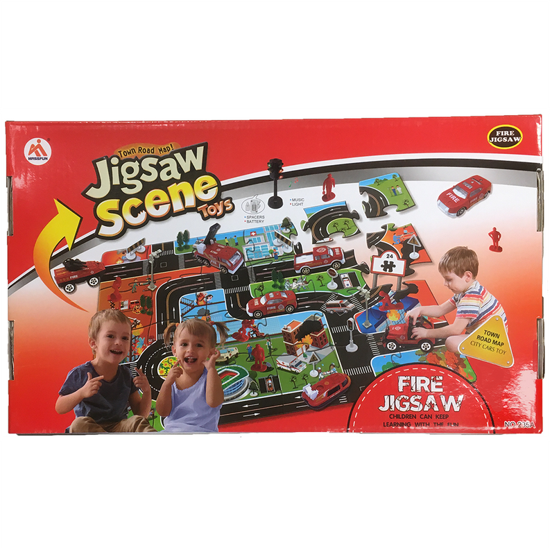 Fire jigsaw floor puzzle box with fire vehicles and accessories illustration