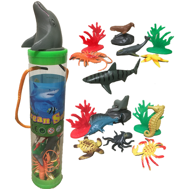 Sea animal figurines set in clear tube with dolphin-head topper and assorted sea creatures
