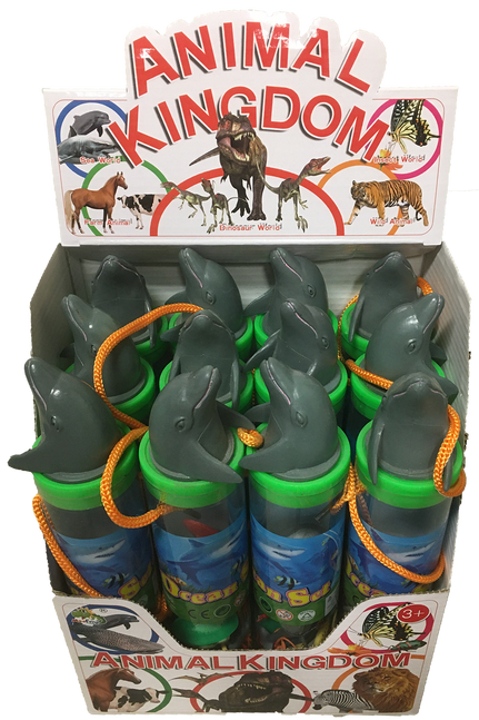 Sea animal figurines in clear tubes with dolphin-head toppers inside retail display box