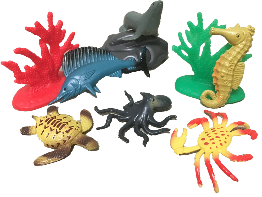 Sea animal figurines assortment with dolphin, shark, seahorse, starfish, and crab