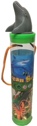 Clear plastic tube with dolphin-head topper and colorful sea-life graphics