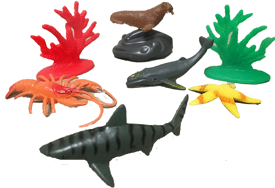 Sea animal figurines assortment with colorful coral, crab, shark, ray, dolphin, and seahorse