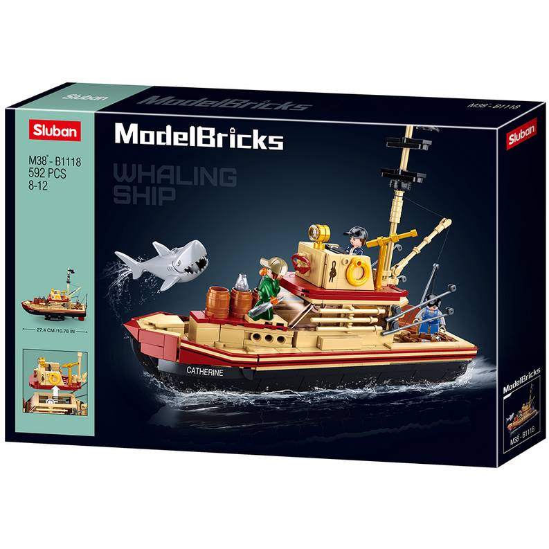 ModelBricks whaling ship brick kit box with shark figure and ship build artwork