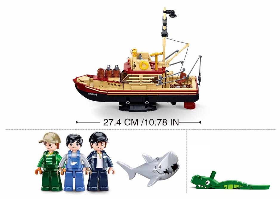 Brick whaling ship model with three minifigures and shark figure, side view