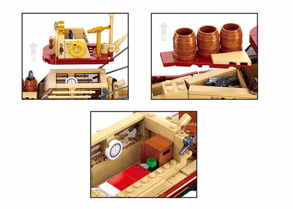 Brick ship interior close-up with barrels, controls, and deck sections