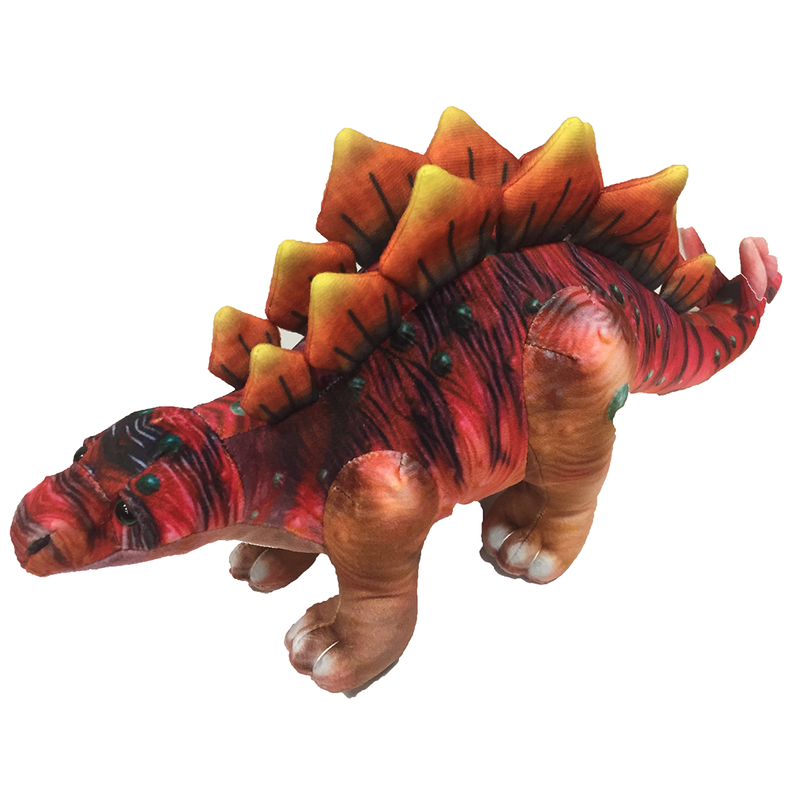Spiky stegosaurus plush dinosaur with red-orange body, dark stripes, soft feet