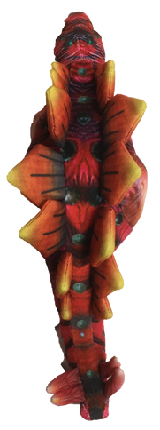 Upright stegosaurus plush with multicolor dorsal spikes, red-orange face, soft paws