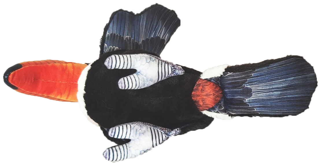 Plush toucan bird stuffed animal in side view, black body and long orange beak