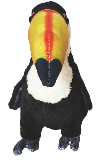 Front-facing plush toucan stuffed animal with yellow-orange beak, black-and-white body