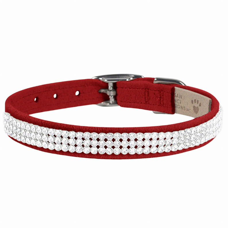Red-backed dog collar with silver buckle and wide white crystal trim