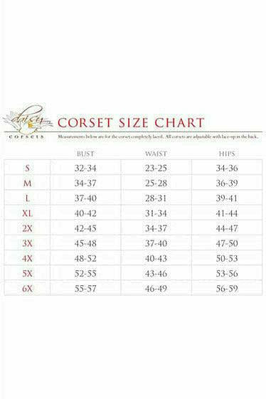 Corset size chart listing bust, waist, and hip measurements for S–6X