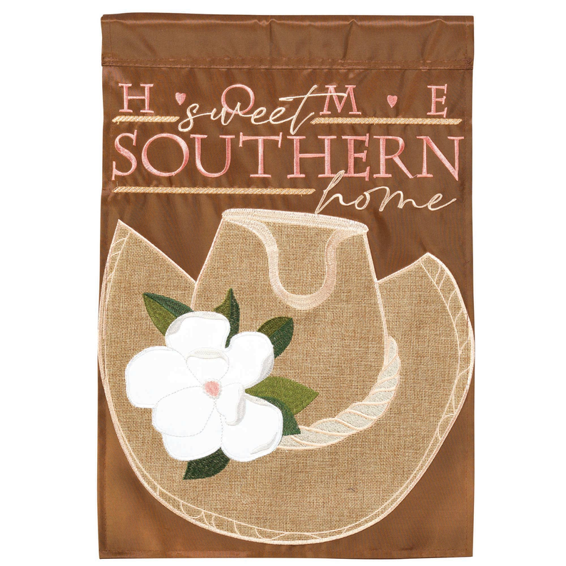 Burlap house flag with Texas-hat magnolia applique and Southern home lettering