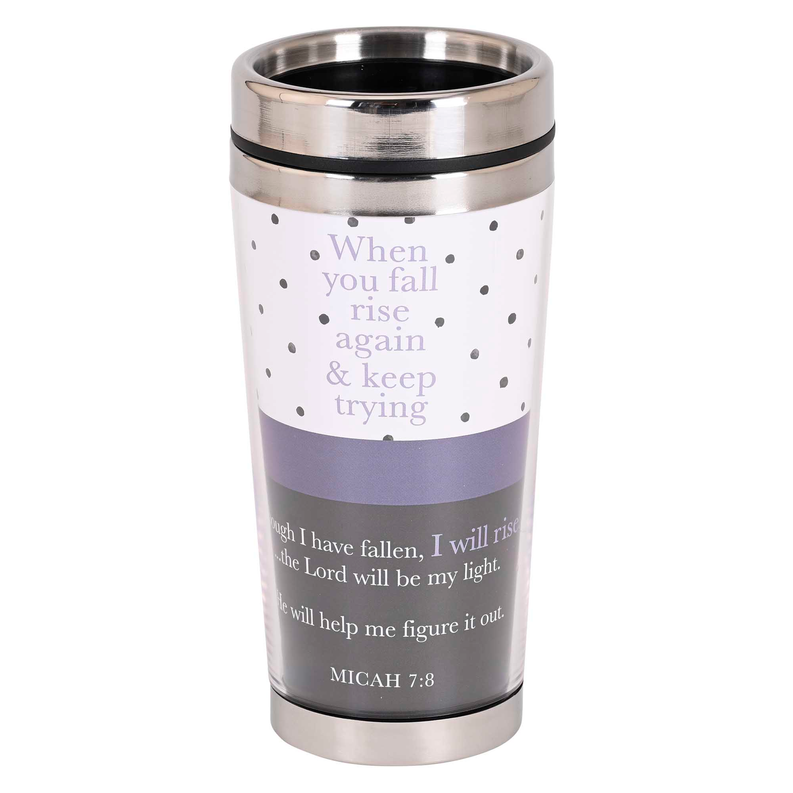 Stainless steel travel mug with black lid and purple faith quote graphic, 16 oz