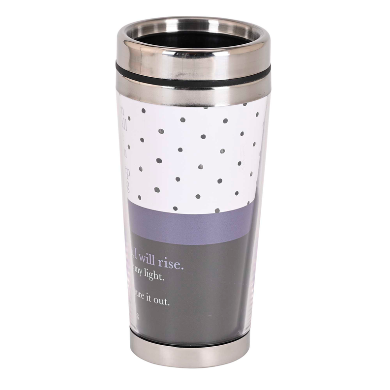 Stainless steel travel mug with black lid and lower purple quote panel, 16 oz