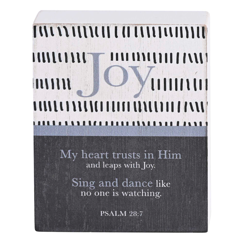 Tabletop joy plaque with ruler stripes, 'Joy' title, quote and Psalm 28:7 text