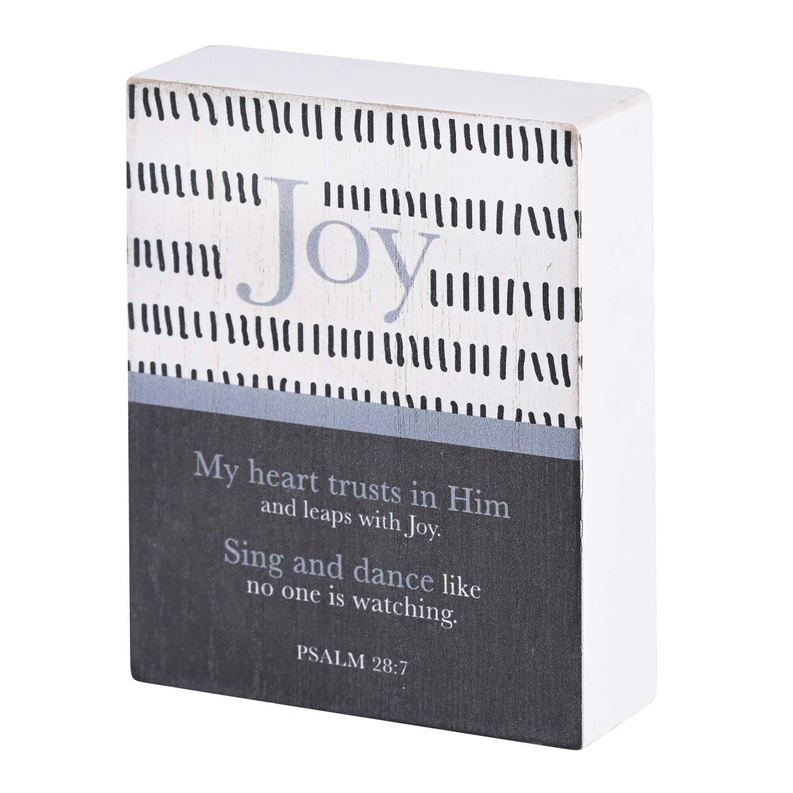 Tabletop joy plaque with 'Joy' lettering and Psalm 28:7 quote, blue and gray