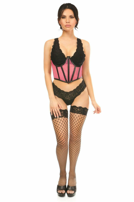 Pink underwire open-cup waist cincher with black lace and matching fishnet stockings
