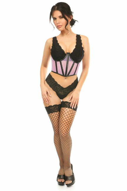 Purple fishnet underwire open-cup waist cincher with black lace panties and fishnet stockings