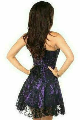 Back of purple corset-style lace dress with spaghetti straps and lace-trim hem