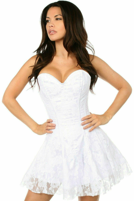 White lace corset mini dress with sweetheart neckline and flared lace skirt