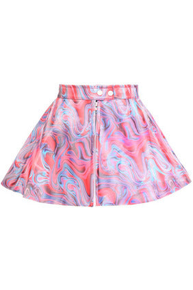 Retro swirl skirt with pink, blue, and purple wave pattern; elastic waistband