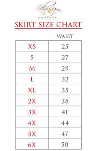 Skirt size chart table showing waist measurements from XS to 6X