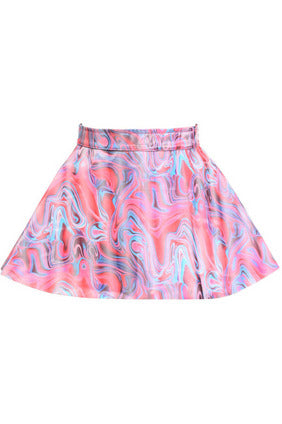 Flared retro swirl skirt in pink and blue with purple accents; gathered waistband