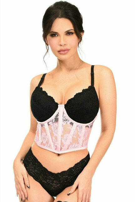 Pink sheer lace corset with underwire cups and black lace bottoms, front view